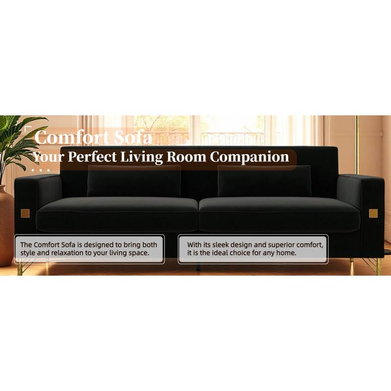 Roomfitters Mid-Century Modern Upholstered Sofa with Gold Metal Legs and Square Arms, Elegant Couch for Living Room