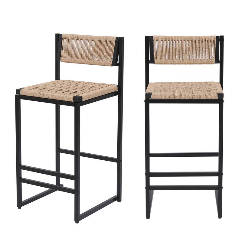Set of 2 Paper Rope Bar Stools with Footrest, Counter Height Dining Chairs for Kitchen - Black & Honey