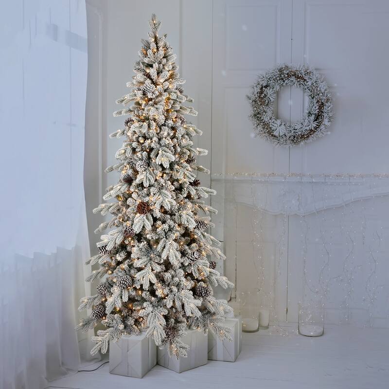 6FT Flocked PE/PVC Christmas Tree with 600 Warm White LED Lights-935 Tips, 31 Natural Pine Cones, Snowy Effect, Hinged Branches - White+Green