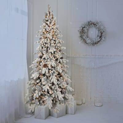 6FT Flocked PE/PVC Christmas Tree with 600 Warm White LED Lights-935 Tips, 31 Natural Pine Cones, Snowy Effect, Hinged Branches