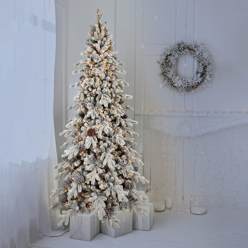 6FT Flocked PE/PVC Christmas Tree with 600 Warm White LED Lights-935 Tips, 31 Natural Pine Cones,Snowy Effect,Hinged Branches