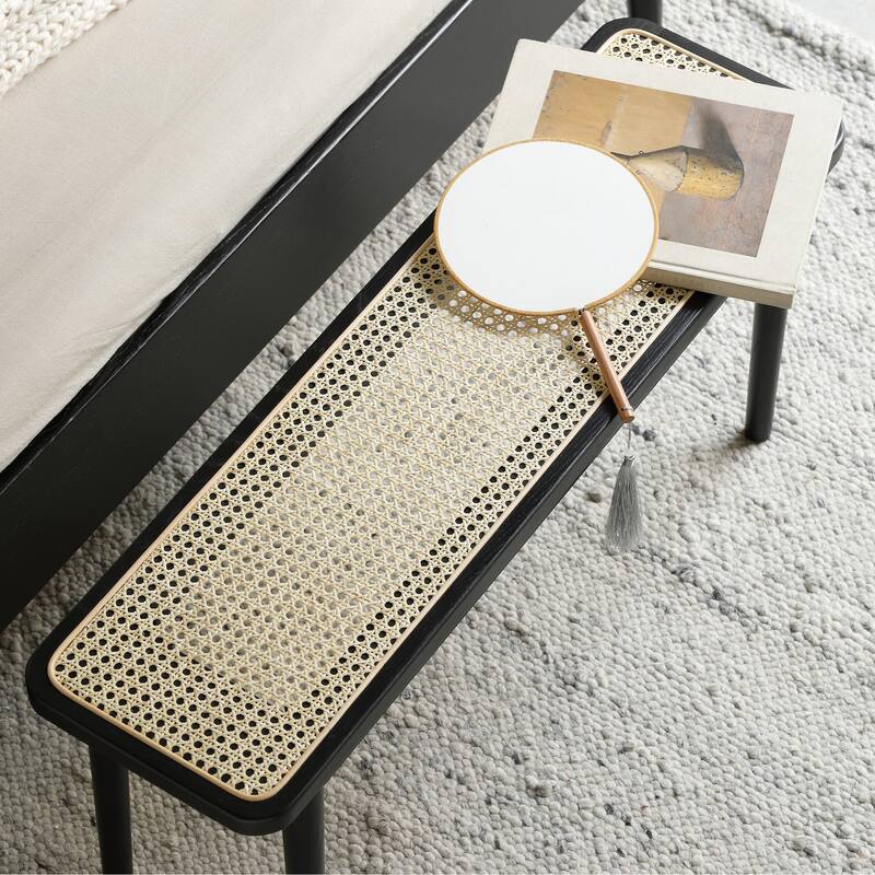 GDFStudio - Balroyal Modern FAS-Grade Solid Oak Wood Dining Bench with Handwoven Rattan Detail for Multi-Room Use