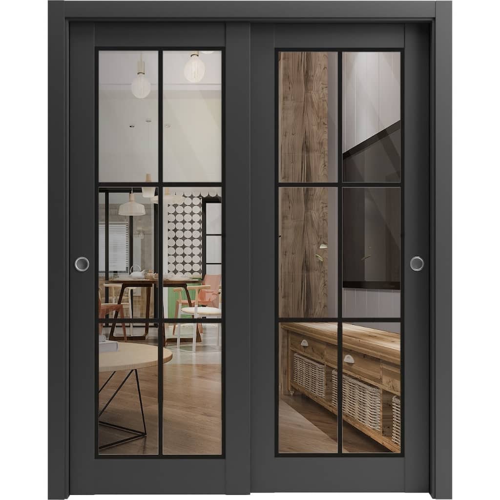 Bypass Doors 36 x 80 Lucia 2366 Matte Black Clear Glass Sturdy Rails