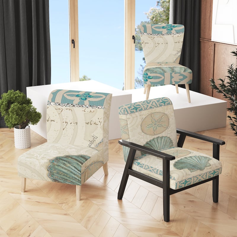 Designart "Seastar And Blue Sea Shell II" Upholstered Nautical & Coastal Accent Chair - Arm Chair
