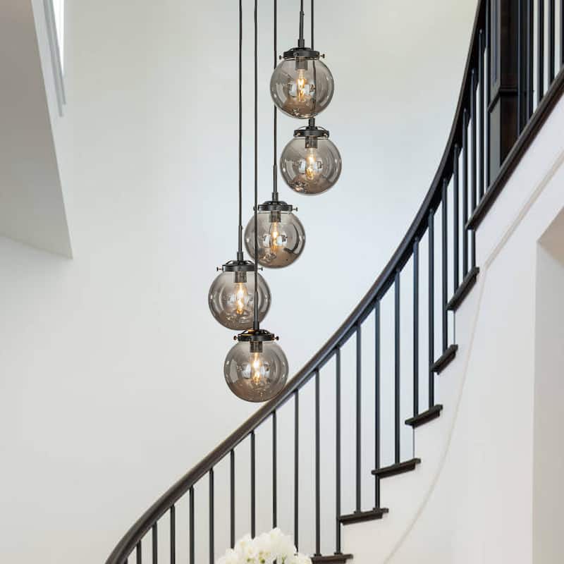 Modern Staircase Globe Bubble Glass Linear Chandelier 5-Lights Corner Pendant Light - H 59"