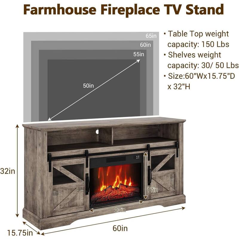 Farmhouse Electric Fireplace TV Stand Entertainment Center for Living Room, Grey