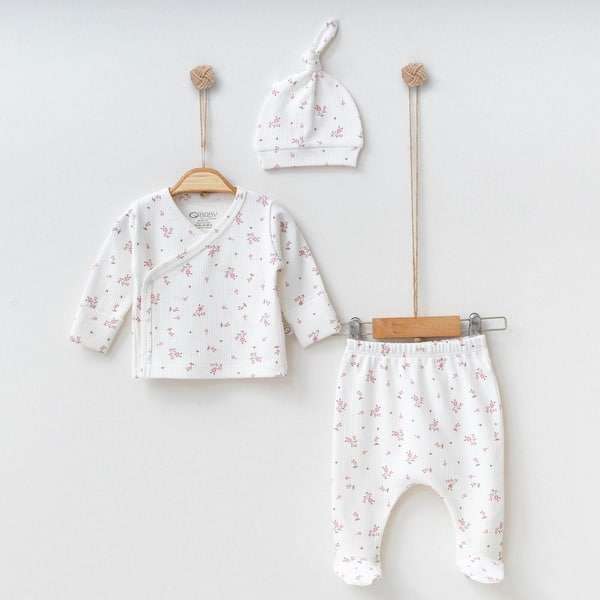 slide 2 of 3, Floral Baby Clothes Set - 3 Pcs White