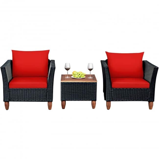 3 Pcs Outdoor Patio Rattan Furniture Set Wooden Table Top Cushioned Sofa - 29" x 27" x 28" (L x W x H)