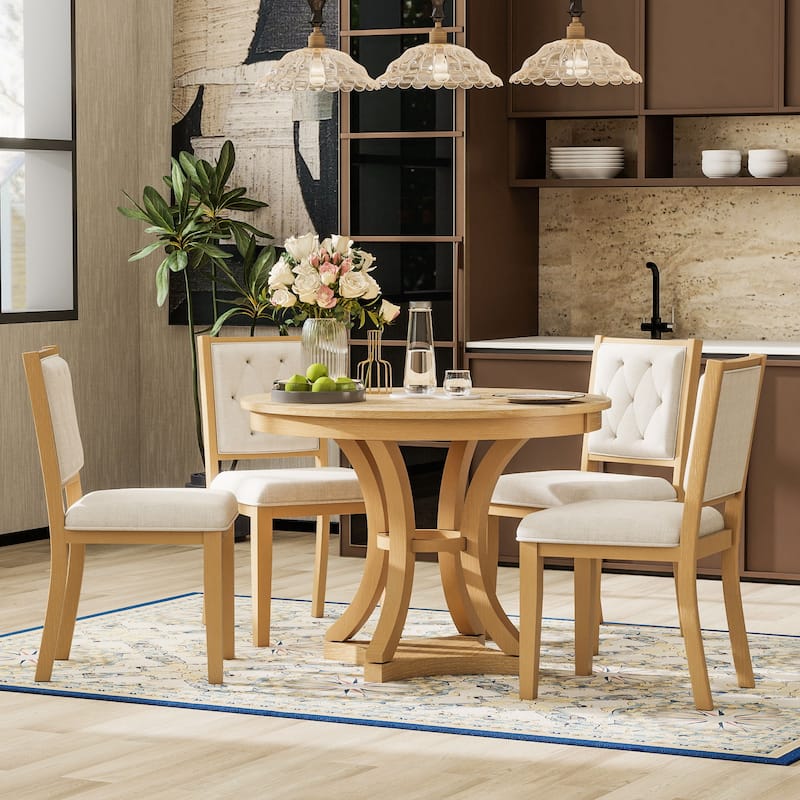 5-Piece Retro Functional Dining Table Set Extendable Round Table and 4 Upholstered Chairs for Dining Room and Living Room