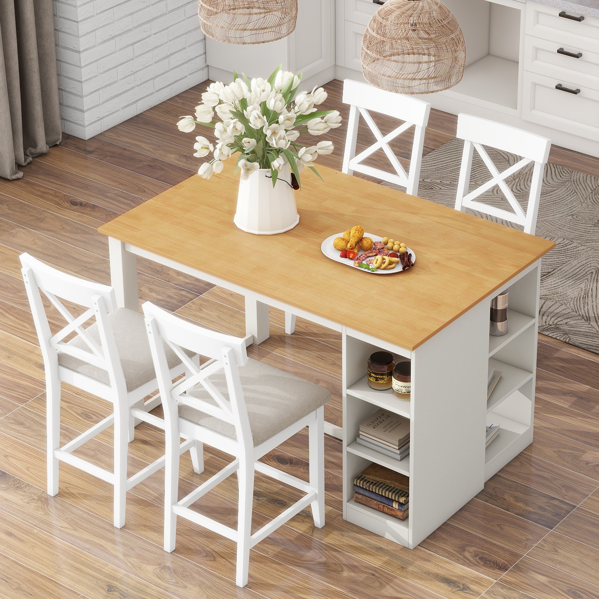 60"Lx30"W Solid Wood Farmhouse Counter Height Dining Table Set with 3-Tier Storage Shelves, Upholstered Dining Chairs