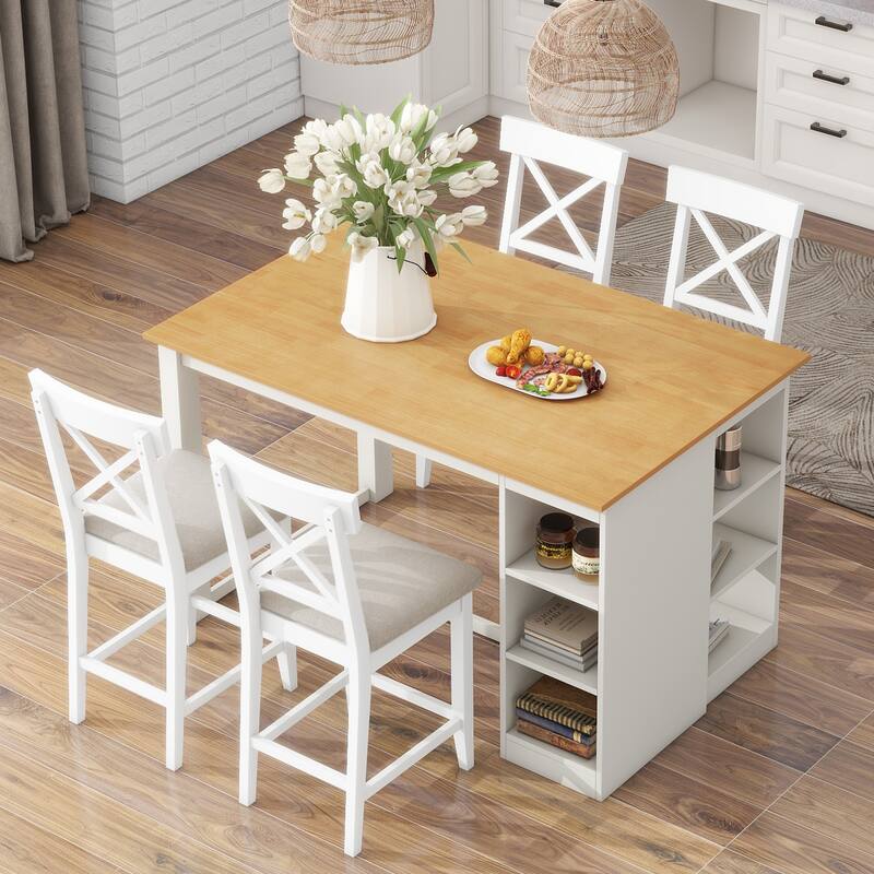 Solid Wood Farmhouse Counter Height Dining Table Set with 3-Tier Storage Shelves, Upholstered Dining Chairs for 4, 5-Piece
