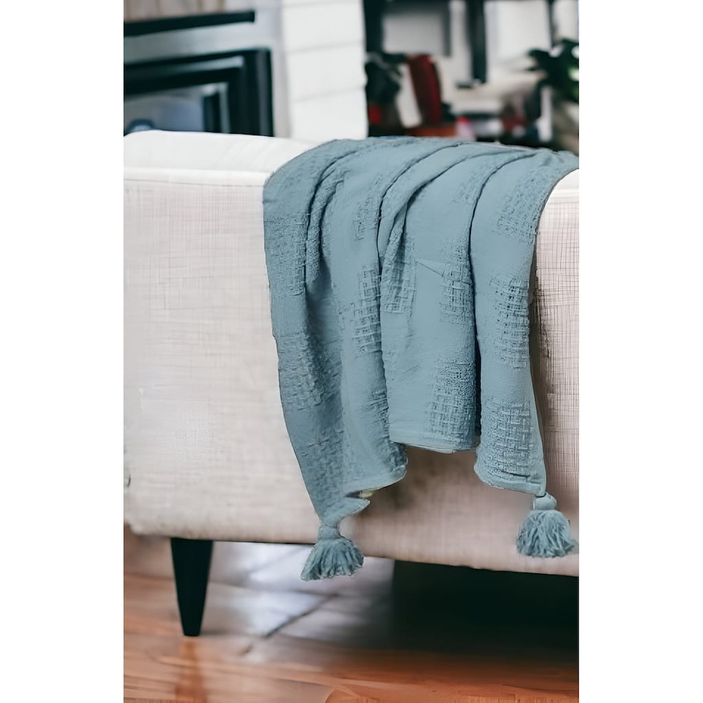 HomeRoots 50" X 60" Blue Woven Cotton Throw Blanket with Tassels