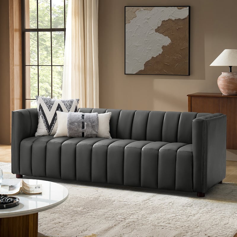 Olinto Modern 83-Inch Genuine Leather Tufted Couch Sofa with Channel Back by HULALA HOME