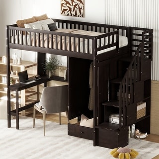 Twin size Loft Bed Frame with Bookshelf,Drawers,Desk and Wardrobe,for Girls Boys Teens,No Box Spring Needed