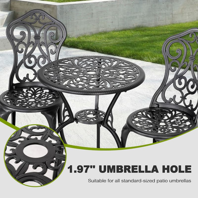 Nuu Garden Patio Cast Aluminum Bistro Set with Umbrella Hole, Black