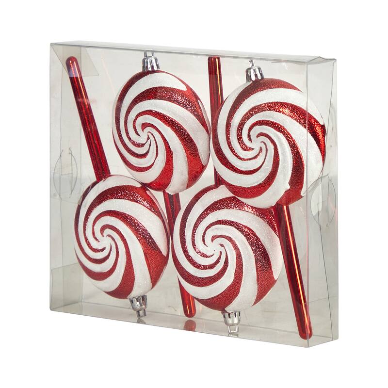 4ct White and Red Shatterproof 2-Finish Christmas Candy Ornaments 7"