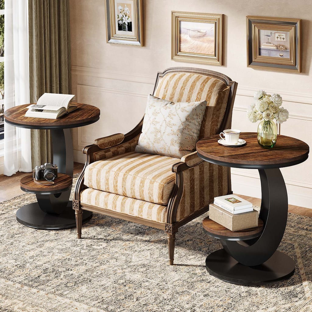 Round End Table, 2 Tiers Side Table, Sofa Side Bedside Nightstand