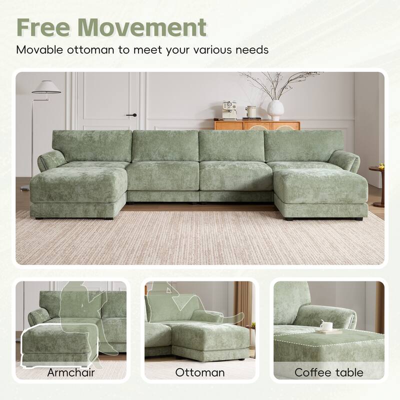 Modular Sectional Sofa Set with Petal Armrest Design External USB and Type-C Charger, Movable Ottoman, Chenille