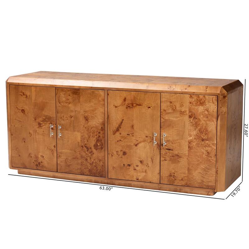 Valora Modern and Contemporary Natural Mappa Real Burl Wood 4-Door Sideboard Buffet