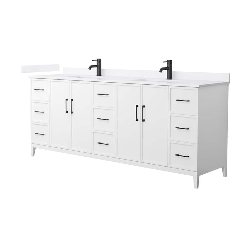 Elan 84-inch Double Vanity, Single Hole Quartz Top - White, Black Trim, White Quartz Top