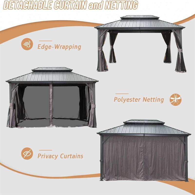 GDFStudio - Harper Outdoor Lane Elegant 12x16 Hardtop Gazebo with Double Roof, Curtains & Netting