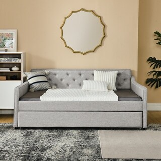 Full Upholstered Tufted Daybed, Button on Back Sofa Bed w/ Twin Roll ...