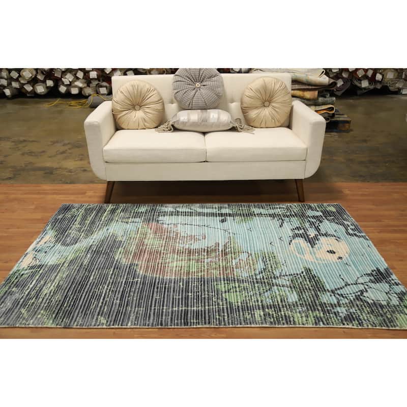 Hand Knotted Oriental Viscose Silk Carpet Modern Pictorial Multi-Colored Abstract Area Rug - 6' 8'' X 4' 6''
