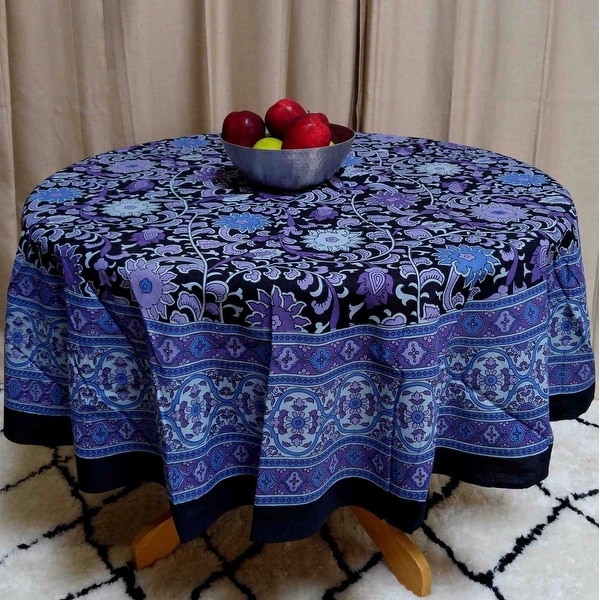 Handmade Sunflower Print 100% Cotton Tablecloth 60"x60" Square & 66" Round in Two shades - Yellow Black & Blue Black