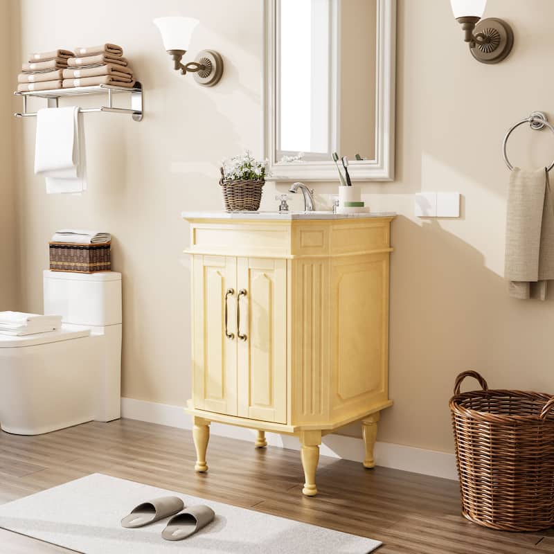 Elegant 24-Inch European Bathroom Vanity with Gold Accents and Marble-Style Sink