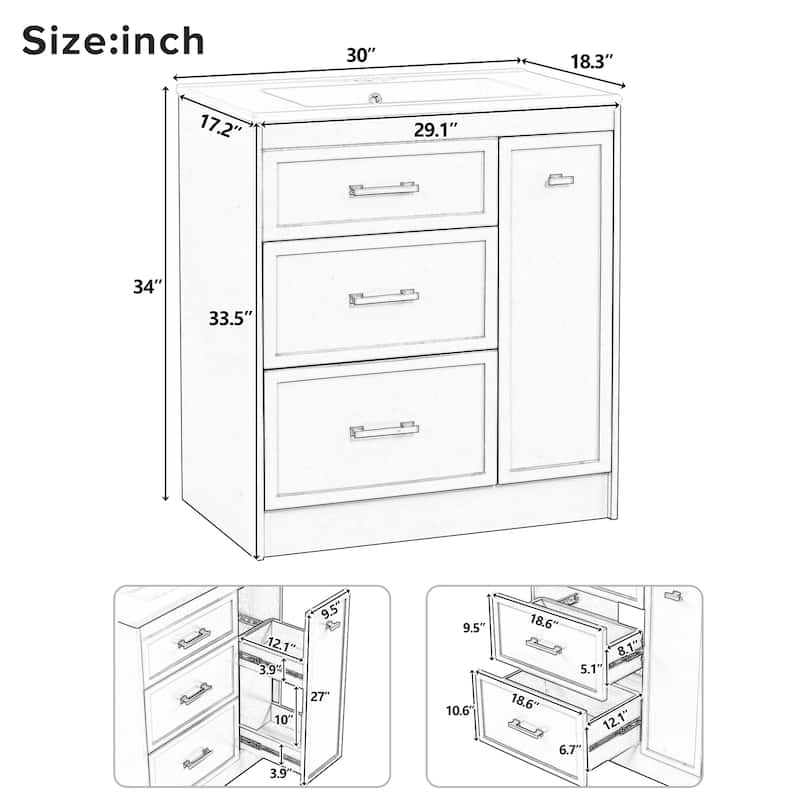 Classic Floor Storage Cabinet Freestanding Vanity for Bathroom with Side Double Layer Drawer, 2 Drawers and Gold Handles