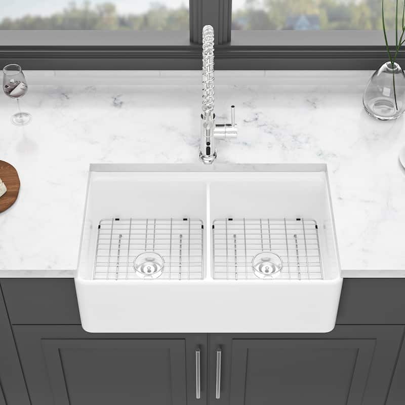 33'' White Farmhouse Double Bowl Ceramic Kitchen Sink - 33'' x 20'' x 10''