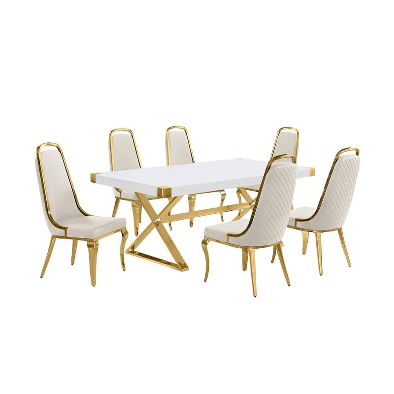 Best Quality Furniture D440/1-SC310-7 Dining Set with 78" White Lacquer Wood Top