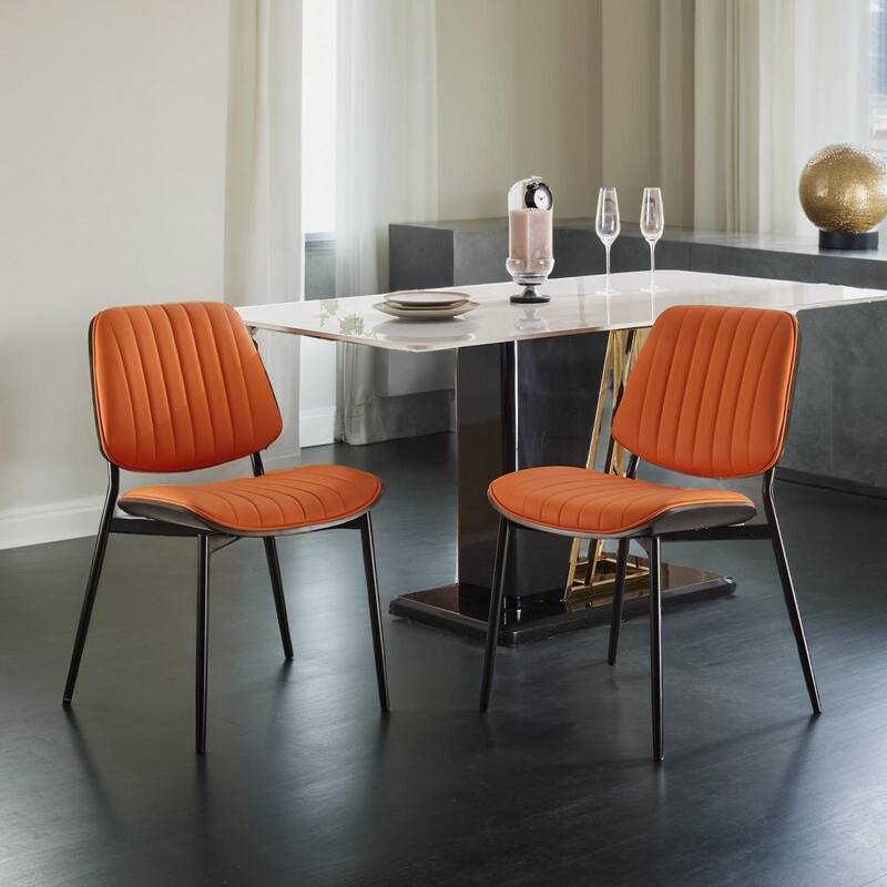 Dining Chairs Set of 2 Mid Century Modern Retro Faux Leather Chair with Walnut Bentwood Back Upholstered Seat Metal Legs - Orange