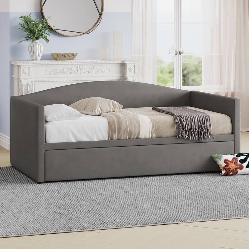 Daybed with Extended Pop Up Trundle, Twin to King Size Velvet Sofa Bed with Soft Padded Armrests