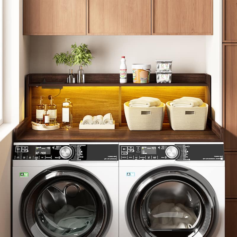 54" x 27.4" Laundry Countertop for Washer and Dryer with Non-Slip Pads，LED Lights，Power Outlets - Brown