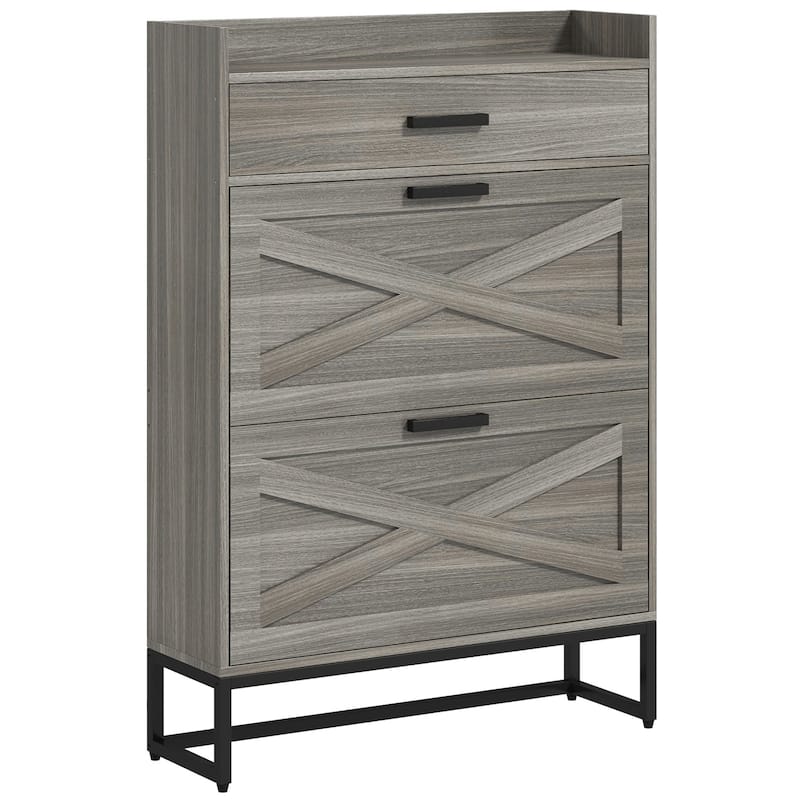 Narrow Shoe Cabinet, with 2 Flip Drawers, Adjustable Shelves and Top Drawer, Hidden Shoe Storage for 12 Pairs of Shoes