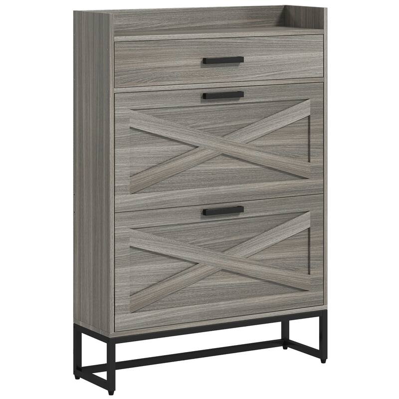 Narrow Shoe Storage Cabinet with 2 Flip Drawers, Adjustable Shelves, and Top Drawer for 12 Pairs, Ideal for Hallway Entryway
