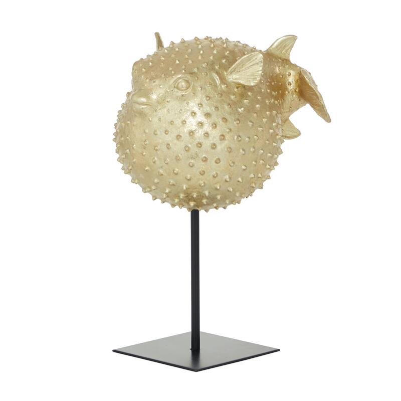 Gold Polyresin Handmade Spiked Blowfish Decorative Sculpture with Stand - 10 x 7 x 14