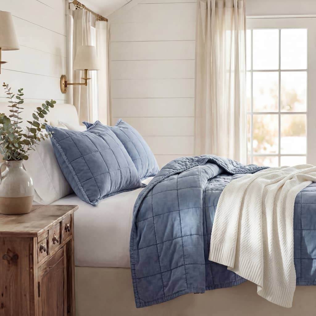 Paseo Road Stonewashed Denim Blue Box-Stitched Chic Casual Modern Rustic 3 Piece Quilt Set