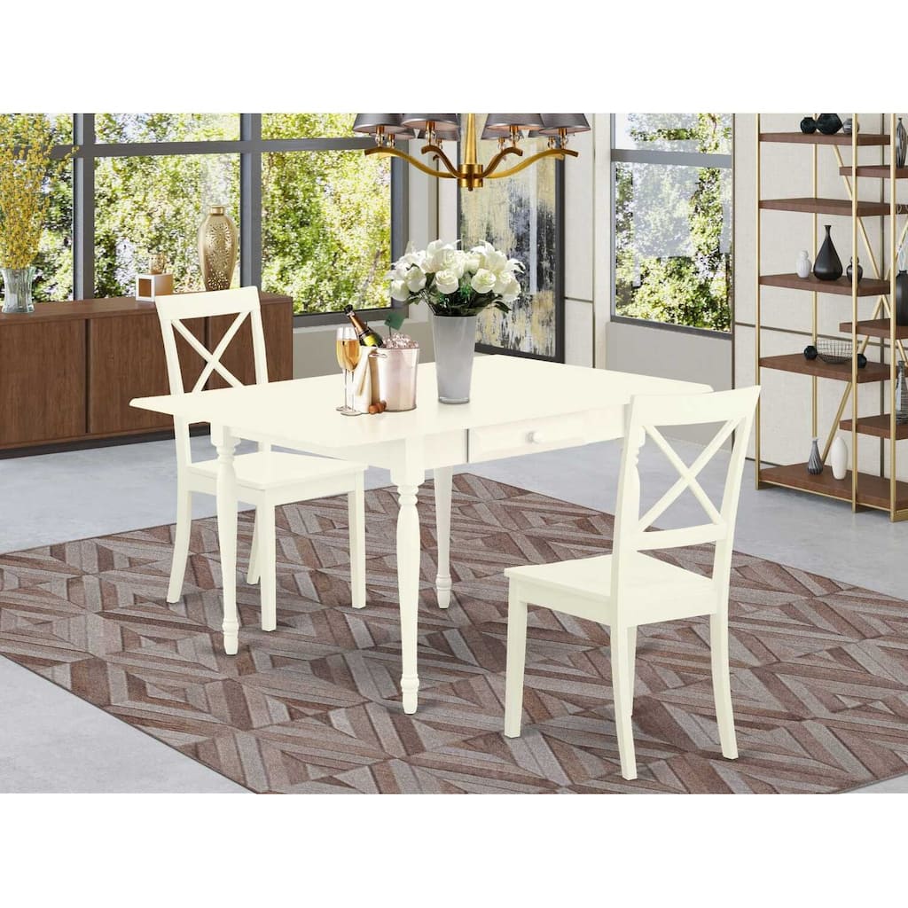 HomeStock 3-Piece Linen White Finish Solid Wood Top with Dropleaf Dining Table Set