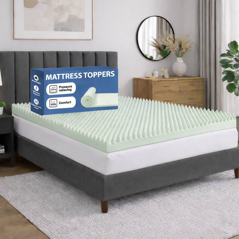 Onetan,1-Inch High Density Convoluted Eggshell Breathable Foam Topper, Add Comfort To Mattress.