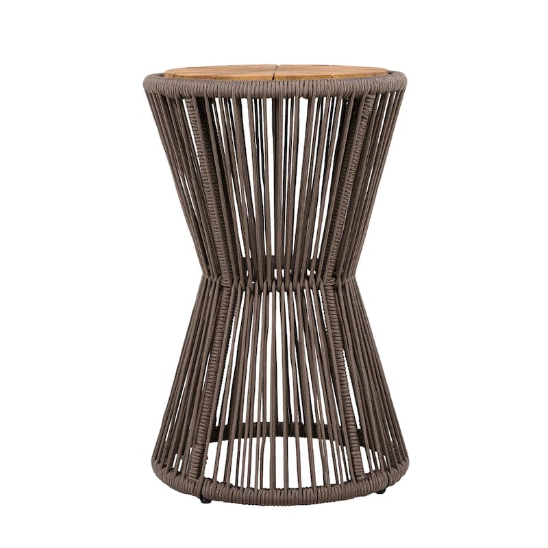 Roomfitters 25.8" Outdoor Side Table Modern Woven Rope Hourglass Patio Accent Table with Teak Wood Finish Top