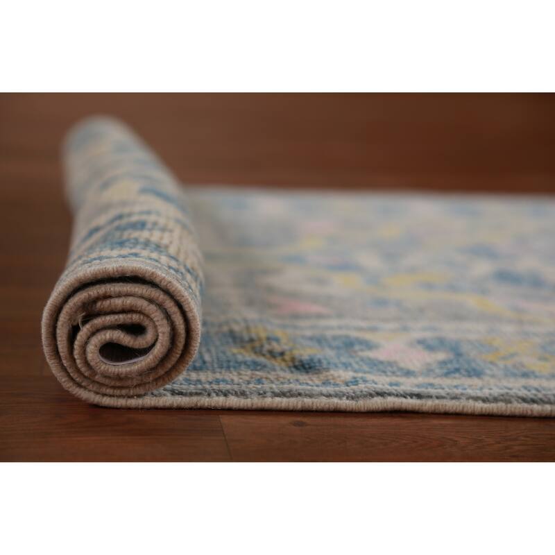 Hand Knotted Oriental 100% Wool Carpet Transitional Geometric Greys & Charcoal Oushak Runner Rug - 14' 1'' X 3' 2''