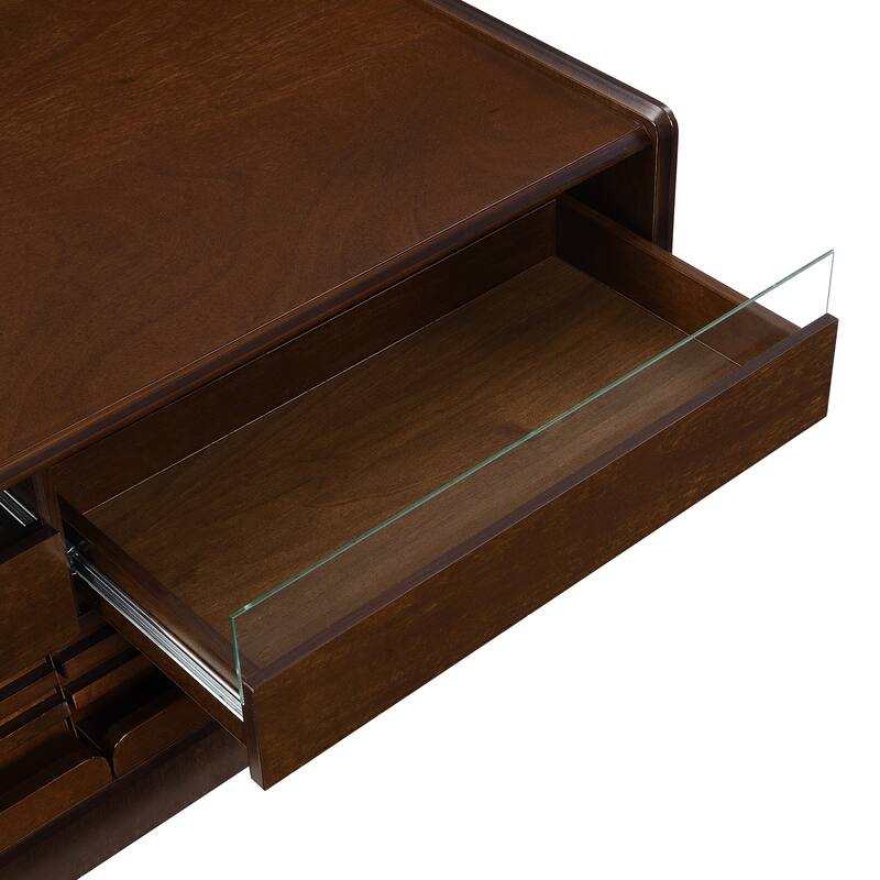 Roomfitters Rectangle Coffee Table with Fluted Style, 4 Storage Compartments and Glass Display Shelves