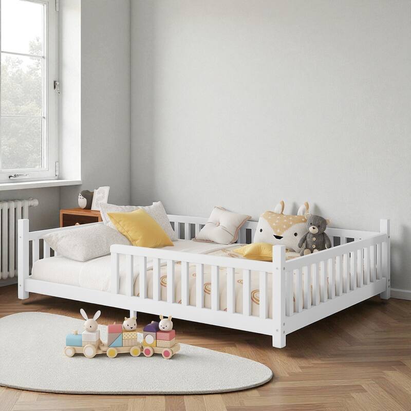 Twin/Full Size House Bed with LED Light and Fence, Wooden Low Floor Kids Bed Frame with Roof for Boys and Girls