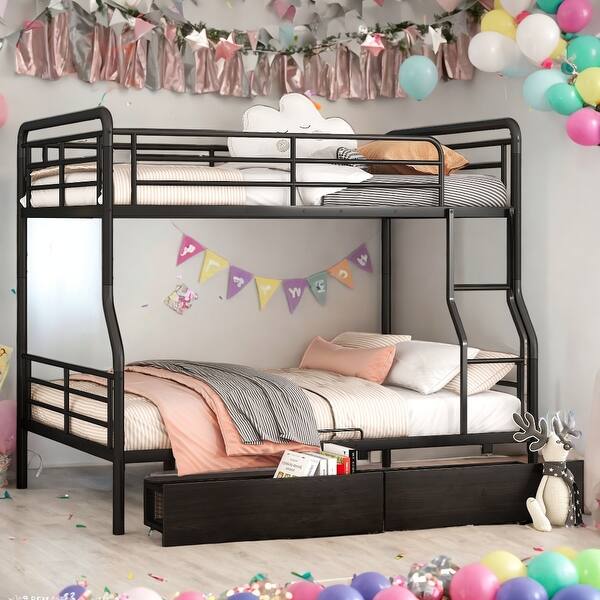 slide 2 of 10, Full XL Over Queen Metal Bunk Bed with 2 Drawers,Stylish Metal Frame Bed,Easy Assembly],Black Black
