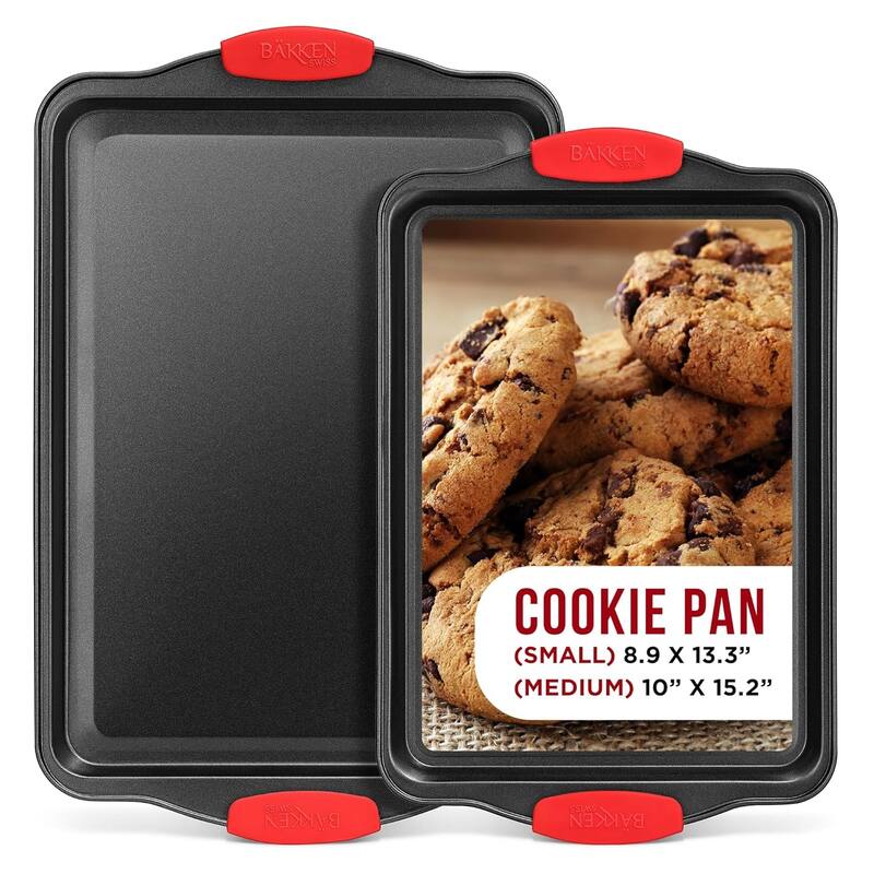 Nonstick Cookie Sheet Pan Carbon Steel with Red Silicone Handles - 2 Pieces
