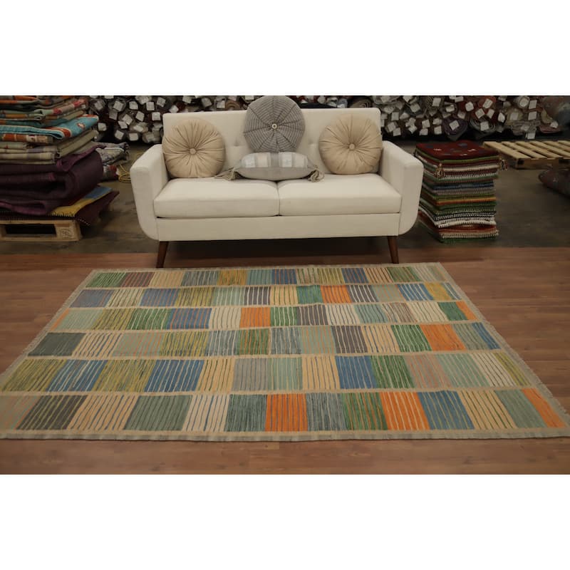 Hand Woven Oriental 100% Wool Carpet Southwestern Modern Multi-Colored Kilim Area Rug - 6' 10'' X 5' 0''