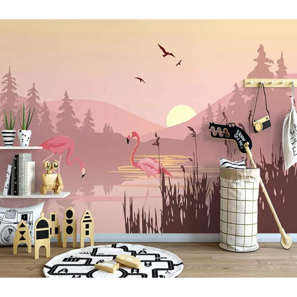 GK Wall Design Flamingos Pink Landscape and Mountain View Removable Wallpaper