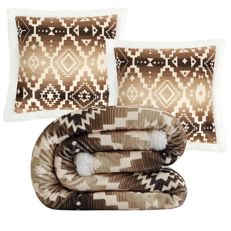 Indigo Hill by HiEnd Accents Campfire Sherpa Fleece Throw, 1PC or 3PC - 3-Piece - Chalet